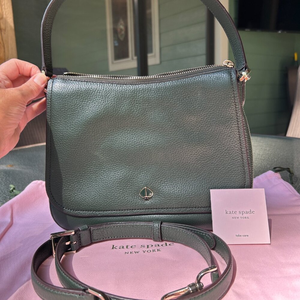 Kate Spade Convertible Flap Shoulder Bag Deep Evergreen Pebbled Leather - EUC